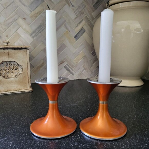 2 Emalox Norway Orange Candleholders - Picture 1 of 11